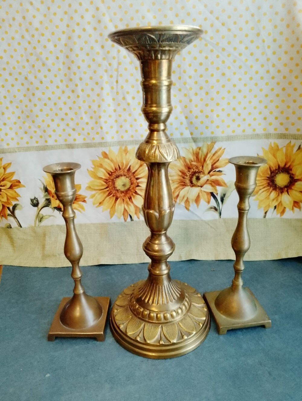 Antique ornate Solid Brass candlestick set of 3.